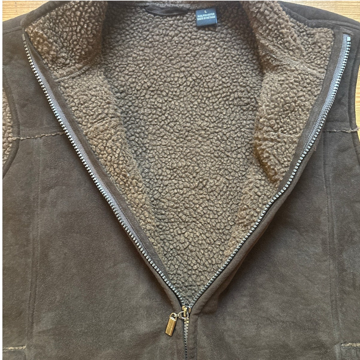 Van Heusen dark brown faux suede fleece lined full zip mens vest SIZE L