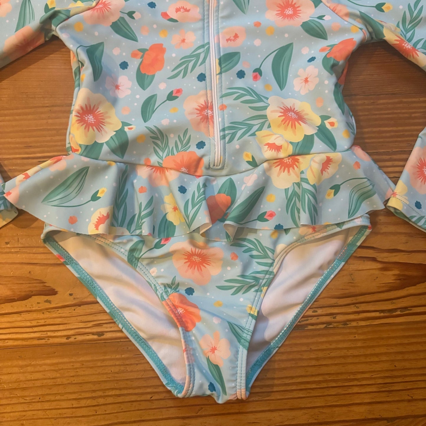 Shein light blue floral raffle rash guard long sleeve swimsuit SIZE 6