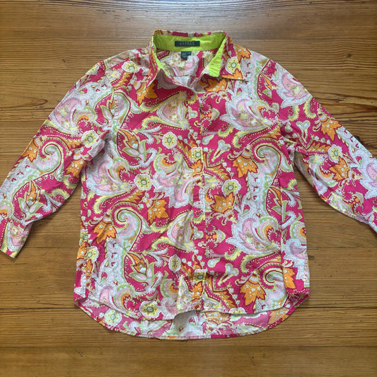 Ralph Lauren red pink paisley quarter sleeve button up womens shirt SIZE L