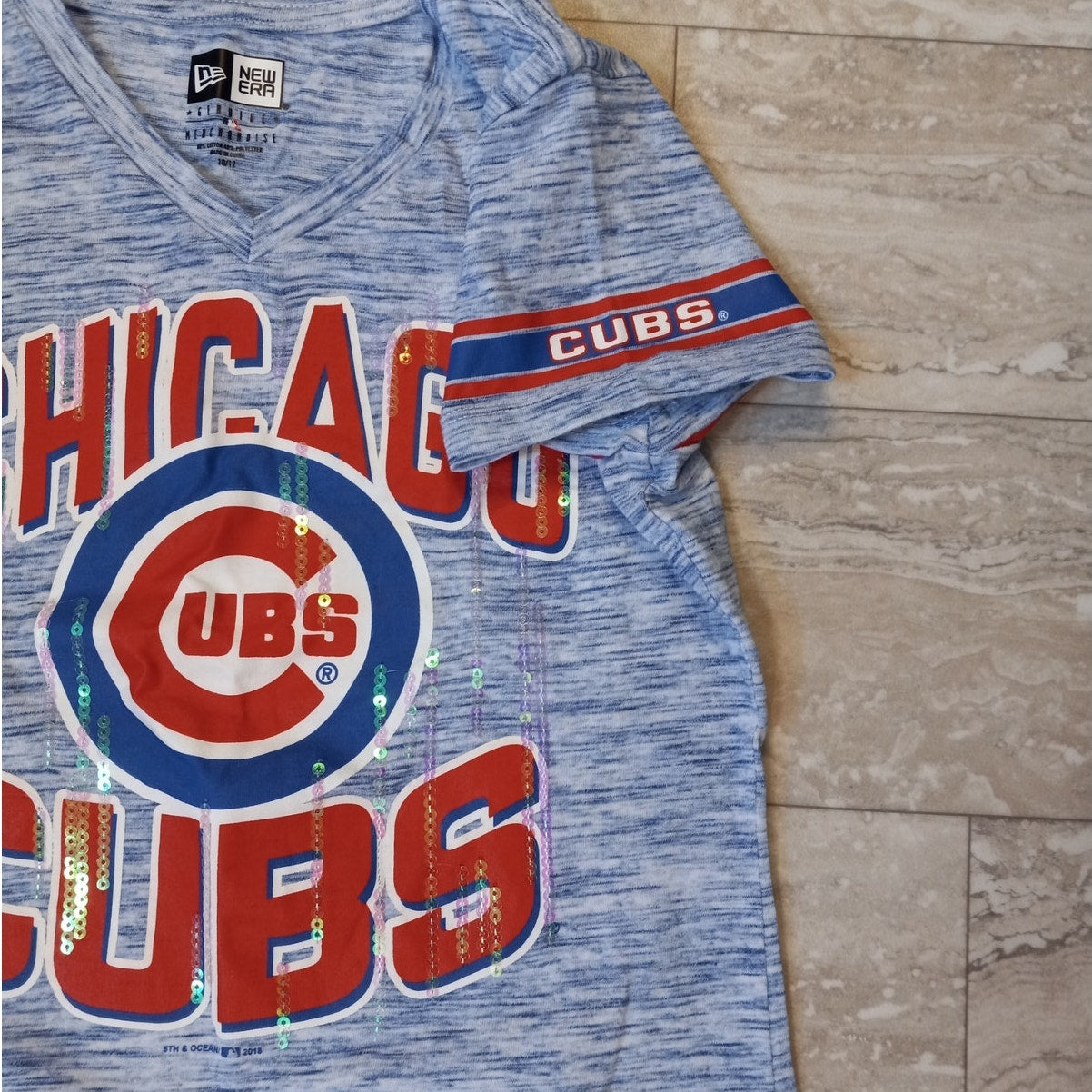 New Era Chicago Cubs blue graphic sequin short sleeve youth shirt SIZE L