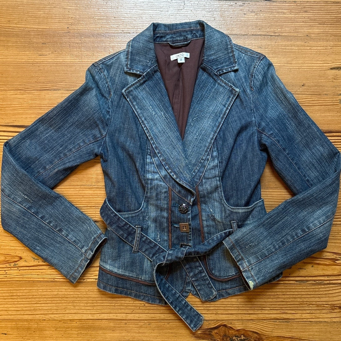 Y2k Cache dark wash belted jeweled button denim blazer jacket SIZE 2
