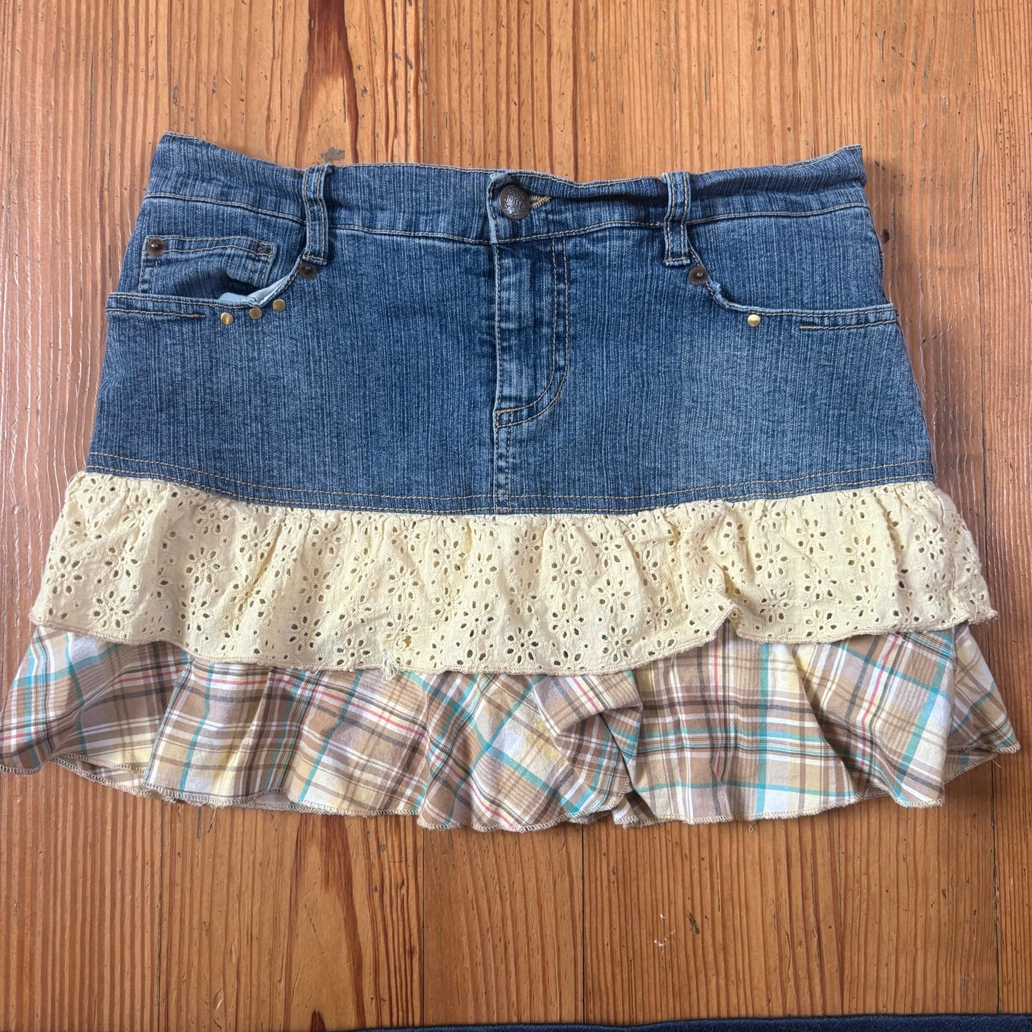 Jolt 90s jean tiered yellow plaid floral fabric shorts lined skort SIZE 16