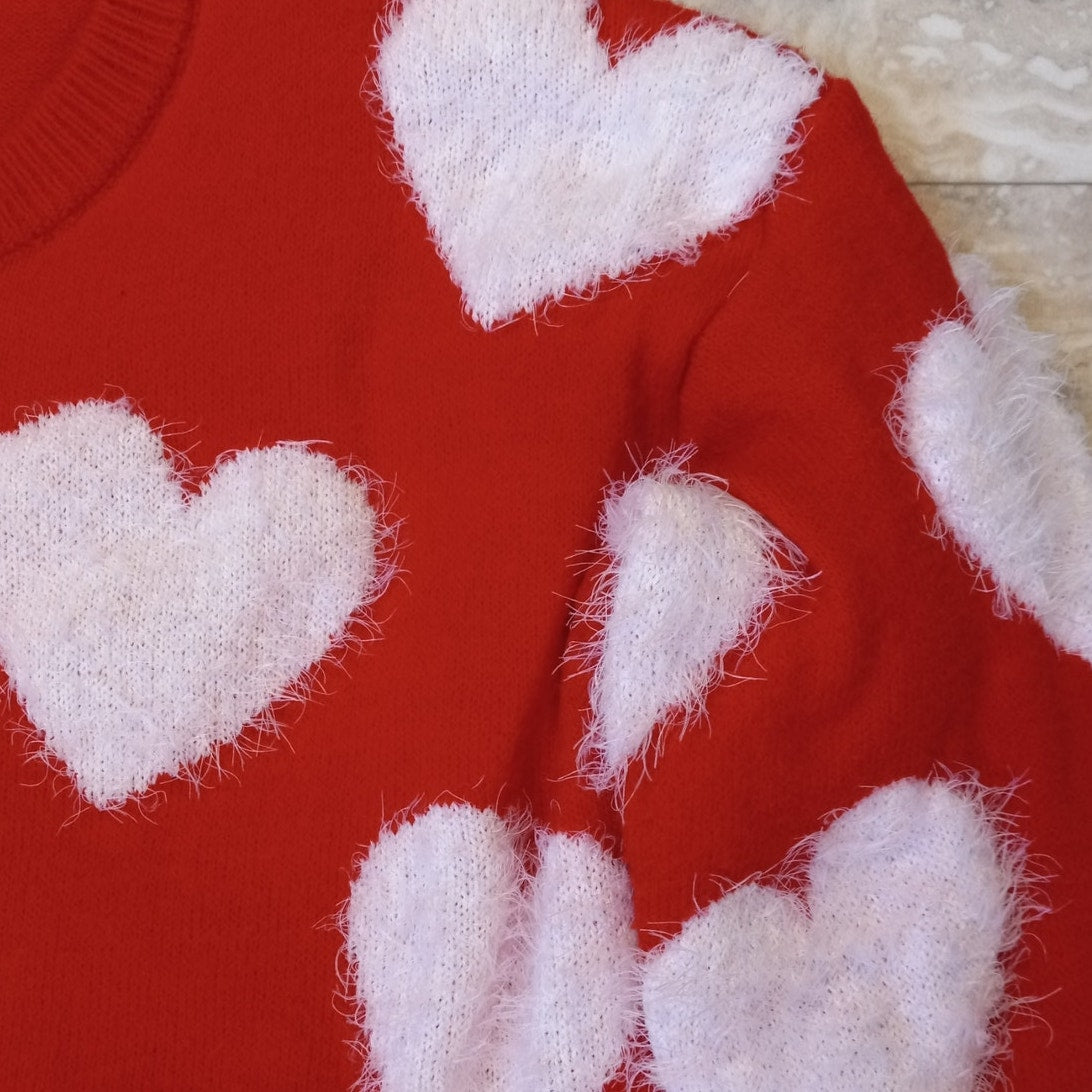 Simply Southern red fuzzy white heart pullover womens crew sweater SIZE L
