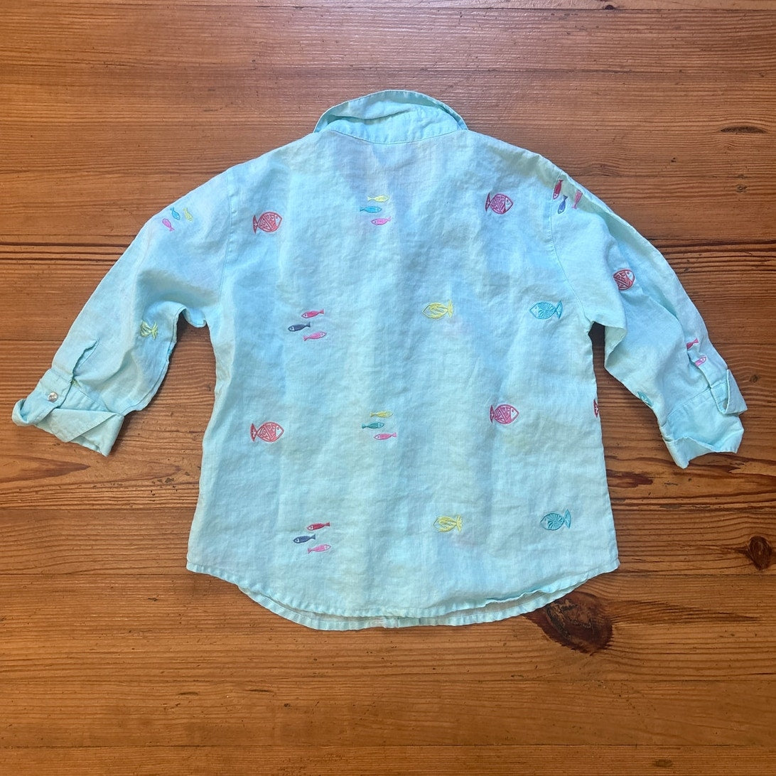 Casey Coleman blue linen fish embroidered button adjustable sleeve blouse SIZE S