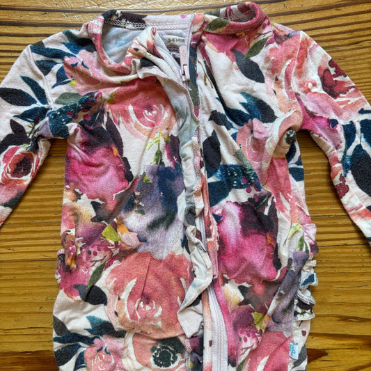 Posh Peanut pink purple floral bamboo full zip footed bodysuit SIZE 3-6M