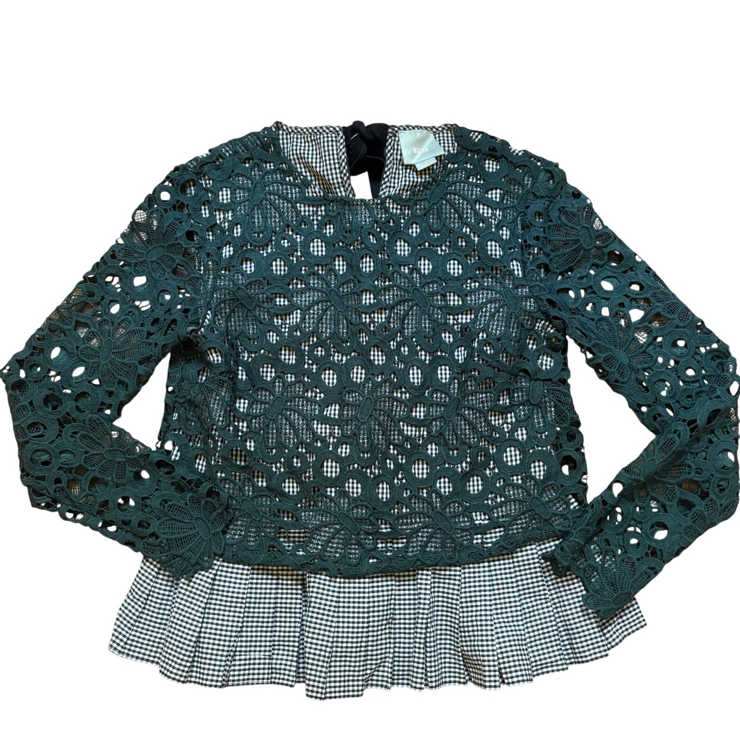 Anthropologie Mauve Gabriella black white gingham lace peplum blouse SIZE S