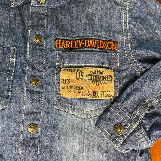 Harley Davidson medium wash denim jean logo long sleeve snap button shirt SIZE 5
