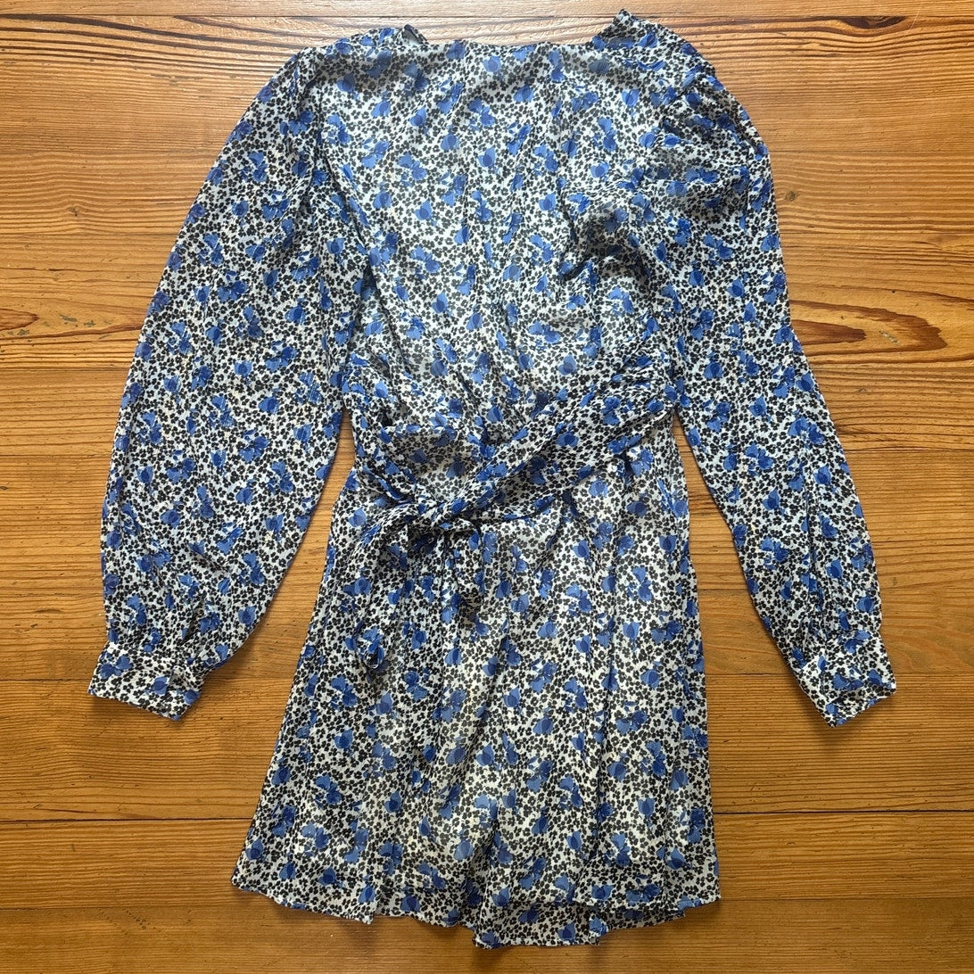 Express blue floral long sleeve plunge neckline wrap mini dress SIZE M