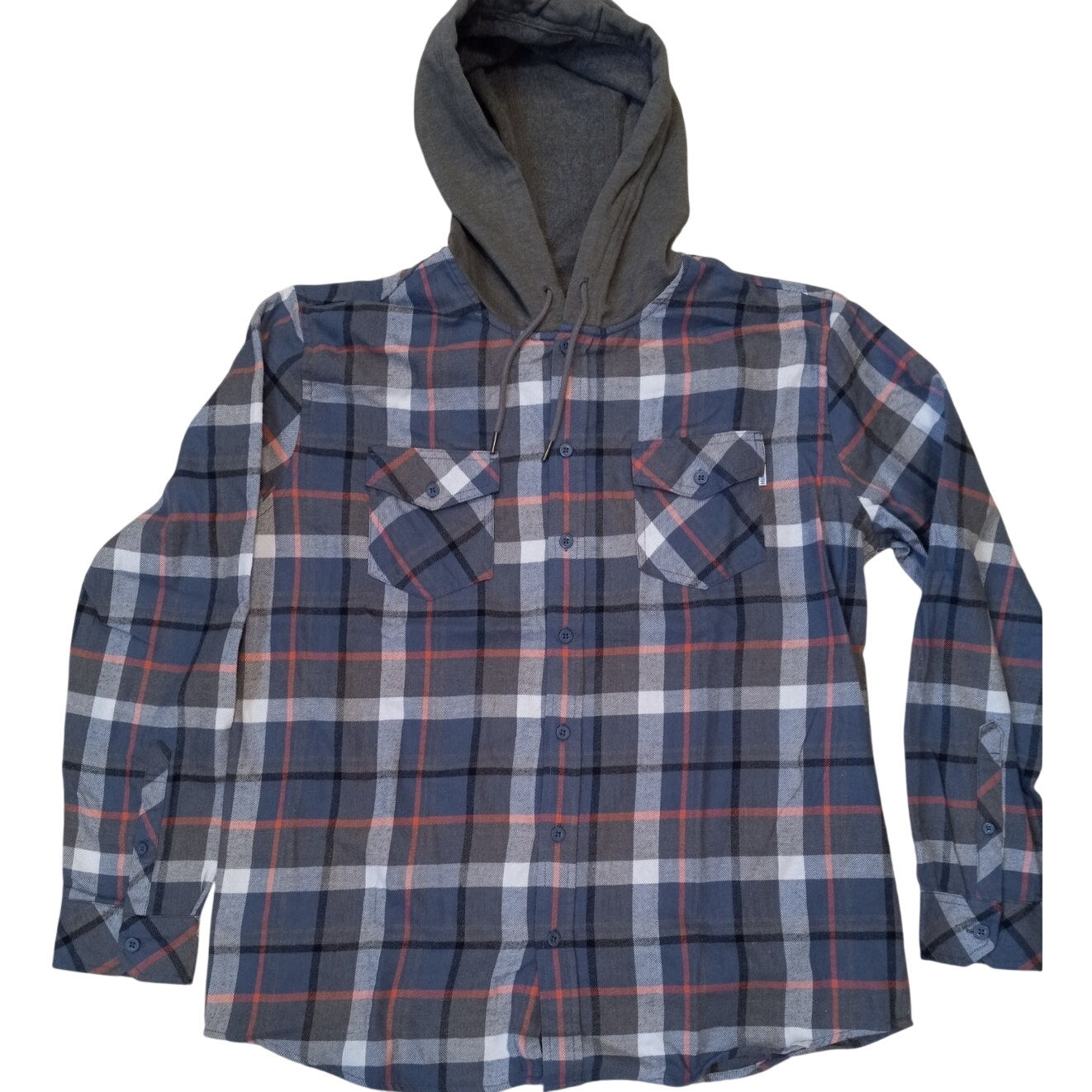 Hurley blue gray plaid hooded button up long sleeve shirt SIZE L