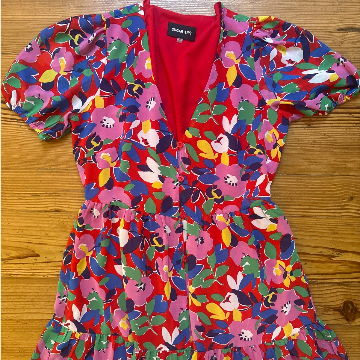 Sugar Lips Monaco red colorful floral tiered maxi dress SIZE XS