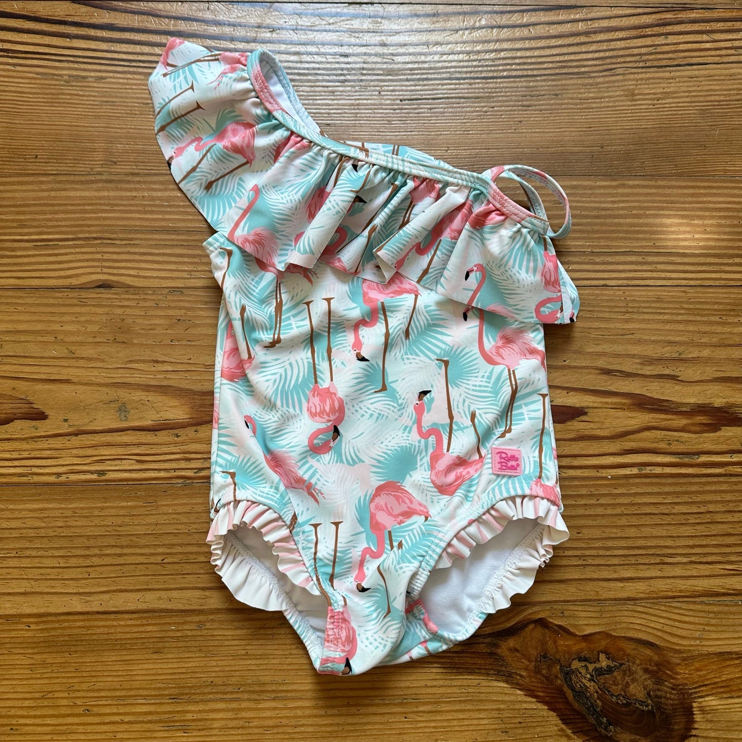 Ruffle Butts pink green flamingo ruffle one shoulder one piece swimsuit SIZE 2T