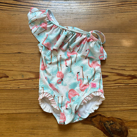 Ruffle Butts pink green flamingo ruffle one shoulder one piece swimsuit SIZE 2T