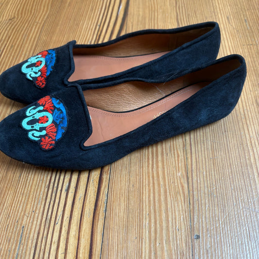 Rebecca Minkoff black suede Aries embroidered slip on flat SIZE 9