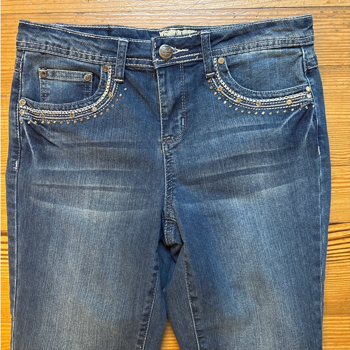 Earl Jean dark wash cropped cuffed jeweled studded lace pocket jeans SIZE 6