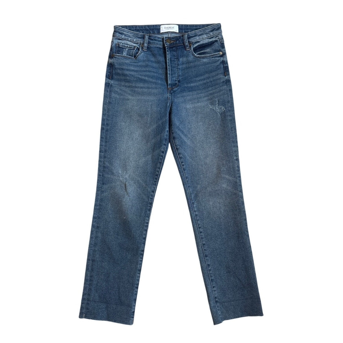 Evereve medium wash high rise straight leg raw hem button fly jeans SIZE 27