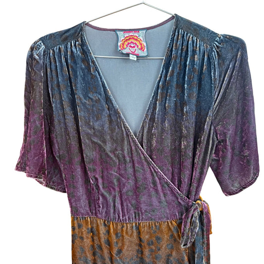 Johnny Was dark color velvet short flutter sleeve wrap dress SIZE S