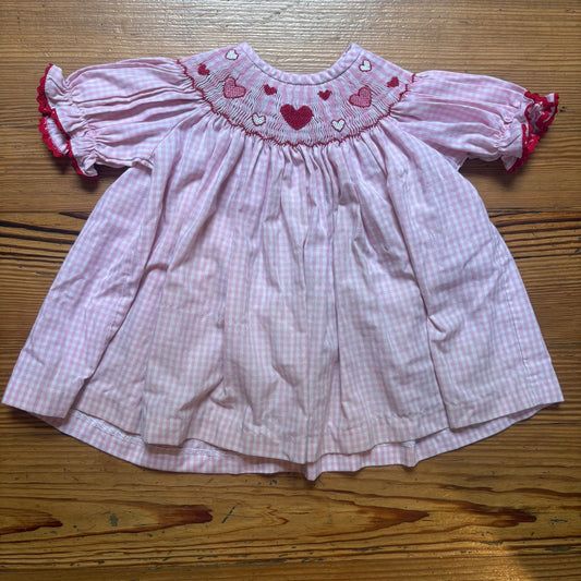 Classic Whimsy pink checkered heart Valentine smocked short sleeve top SIZE 3T