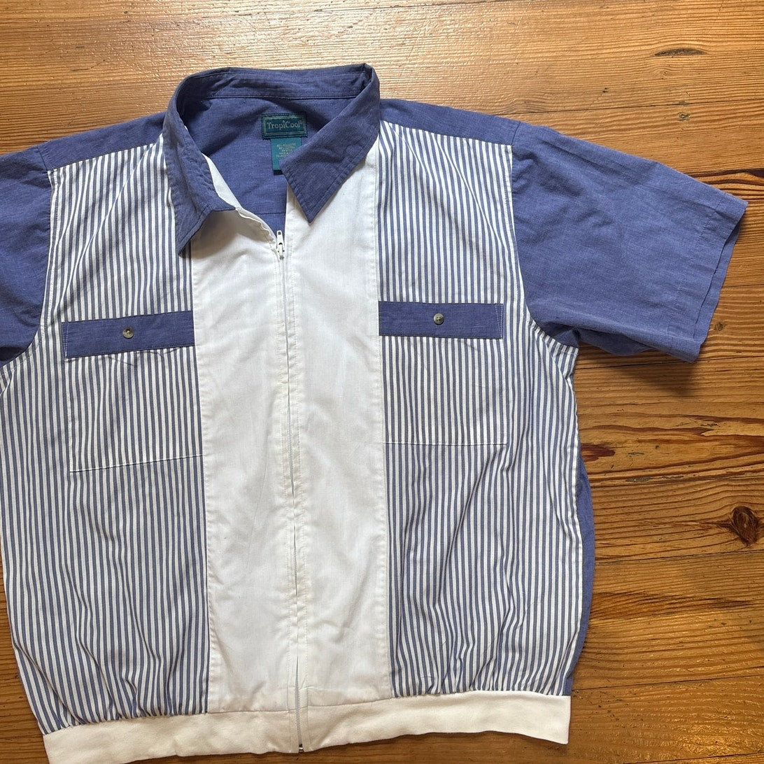 VTG Tropicool blue white pin striped zip short sleeve polo shirt SIZE XL