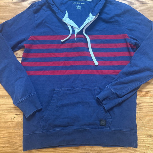 American Eagle blue red striped pullover henley rugby hooded sweatshirt SIZE M