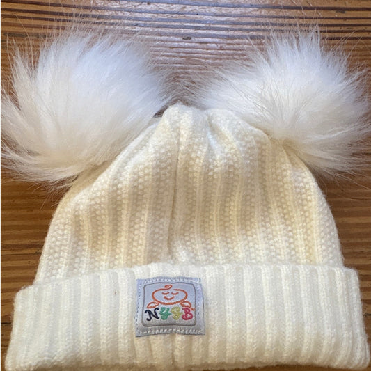 NYGB infant knit white double pom pom newborn winter hat