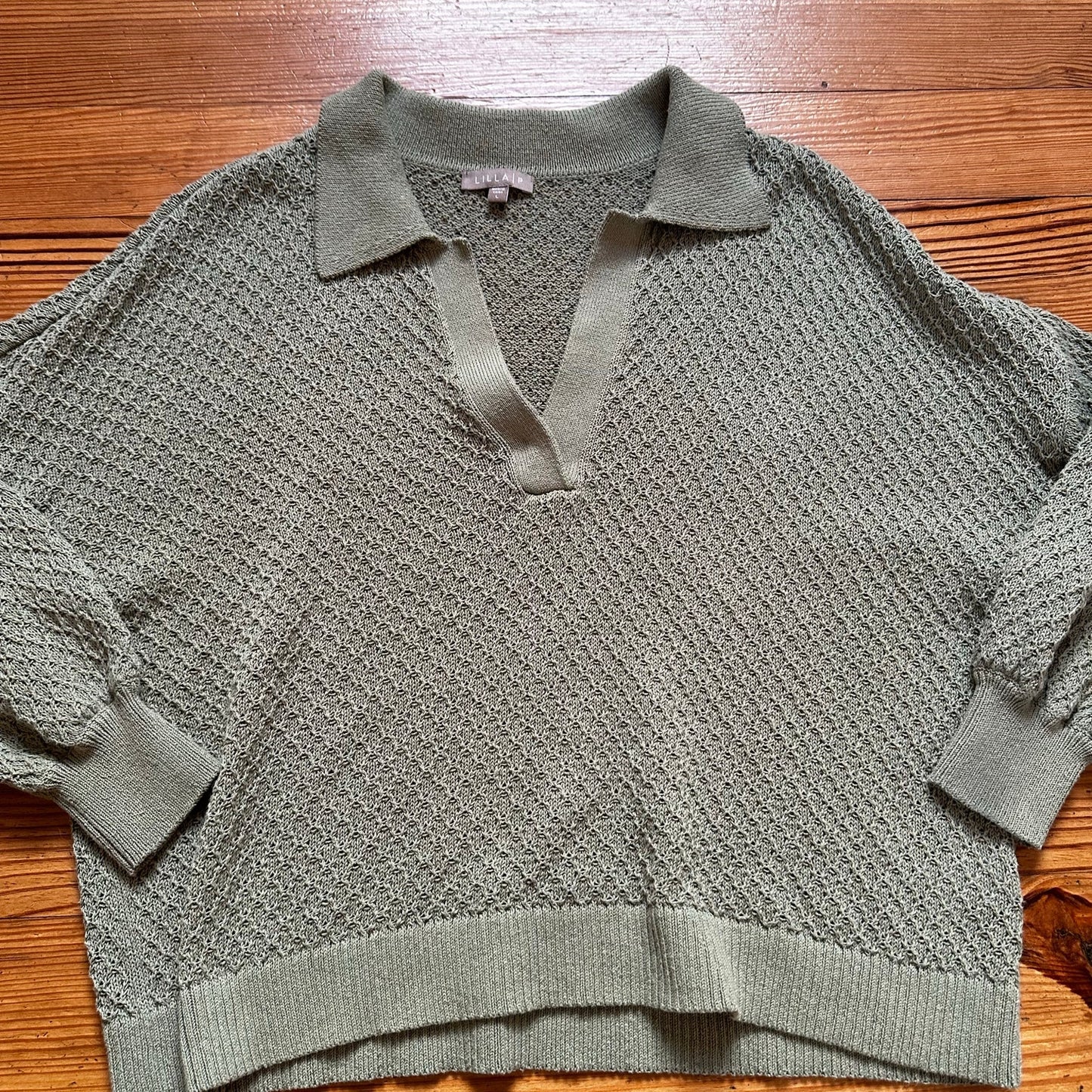 Lilla P olive green loose knit long sleeve polo sweater SIZE L