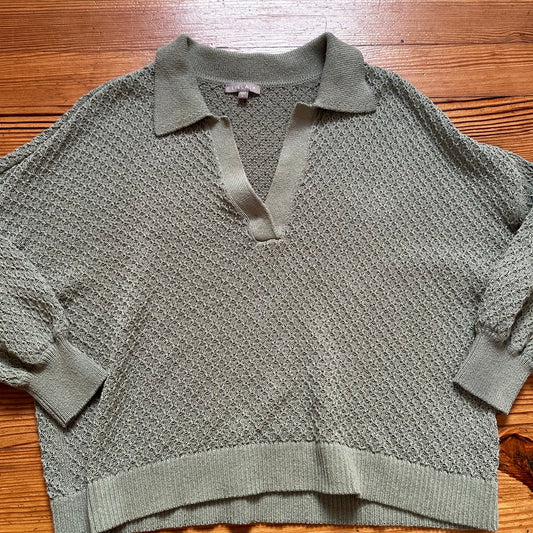 Lilla P olive green loose knit long sleeve polo sweater SIZE L