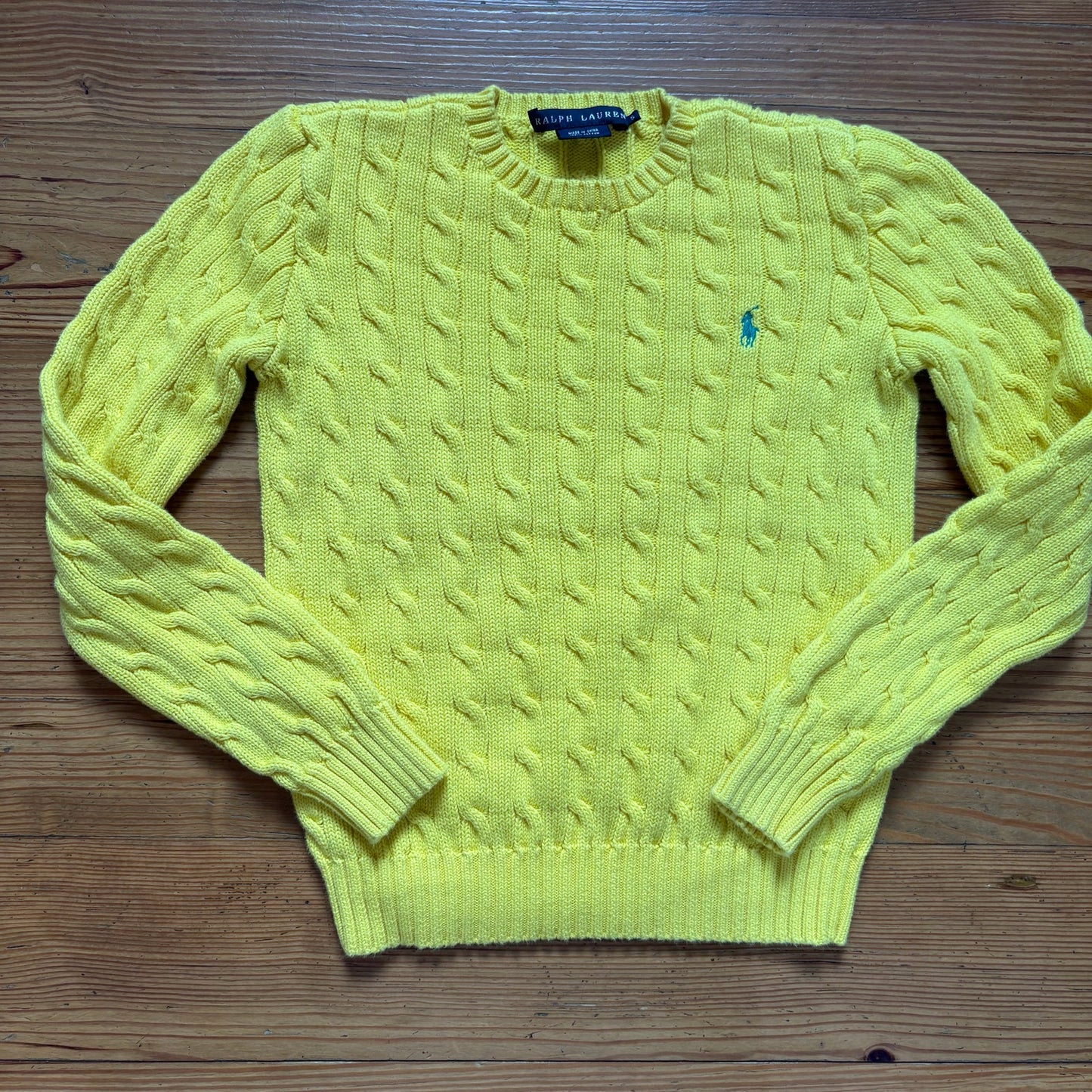 Ralph Lauren yellow teal pony cable knit crew sweater SIZE S