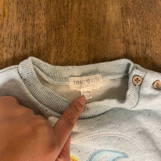 Rabbit Bear gray terry cloth lined wave embroidered short sleeve sweatshirt 24M