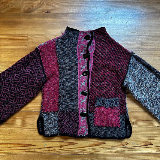 Curio vintage pink black oversized patchwork mock neck cardigan sweater SIZE S