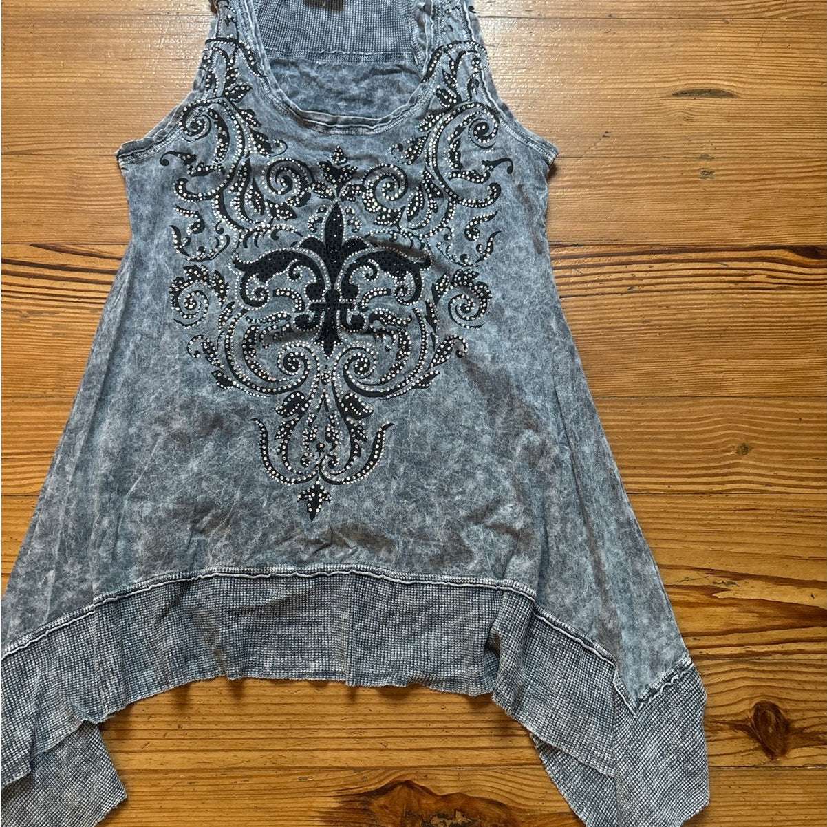 Y2k Vocal Apparel gray cotton crystal sequin cross tunic tank SIZE S