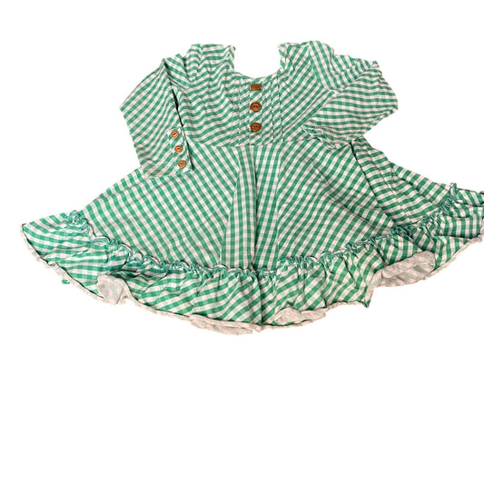 Shrimp & Grits Kids green white gingham long sleeve ruffle bottom dress SIZE XS