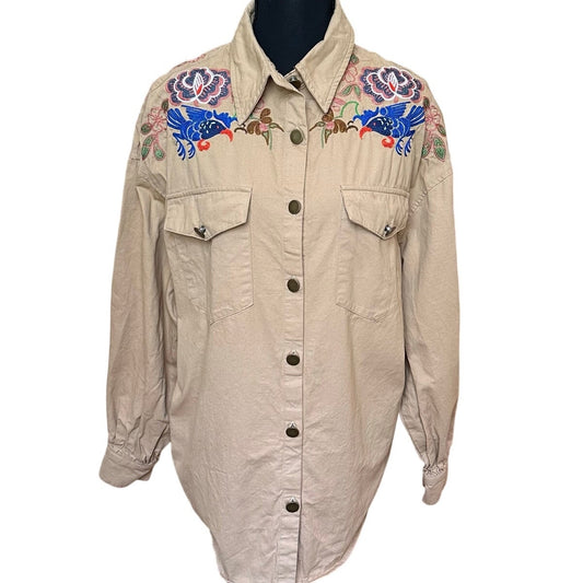 Shein beige floral embroidered long sleeve button up shirt SIZE M