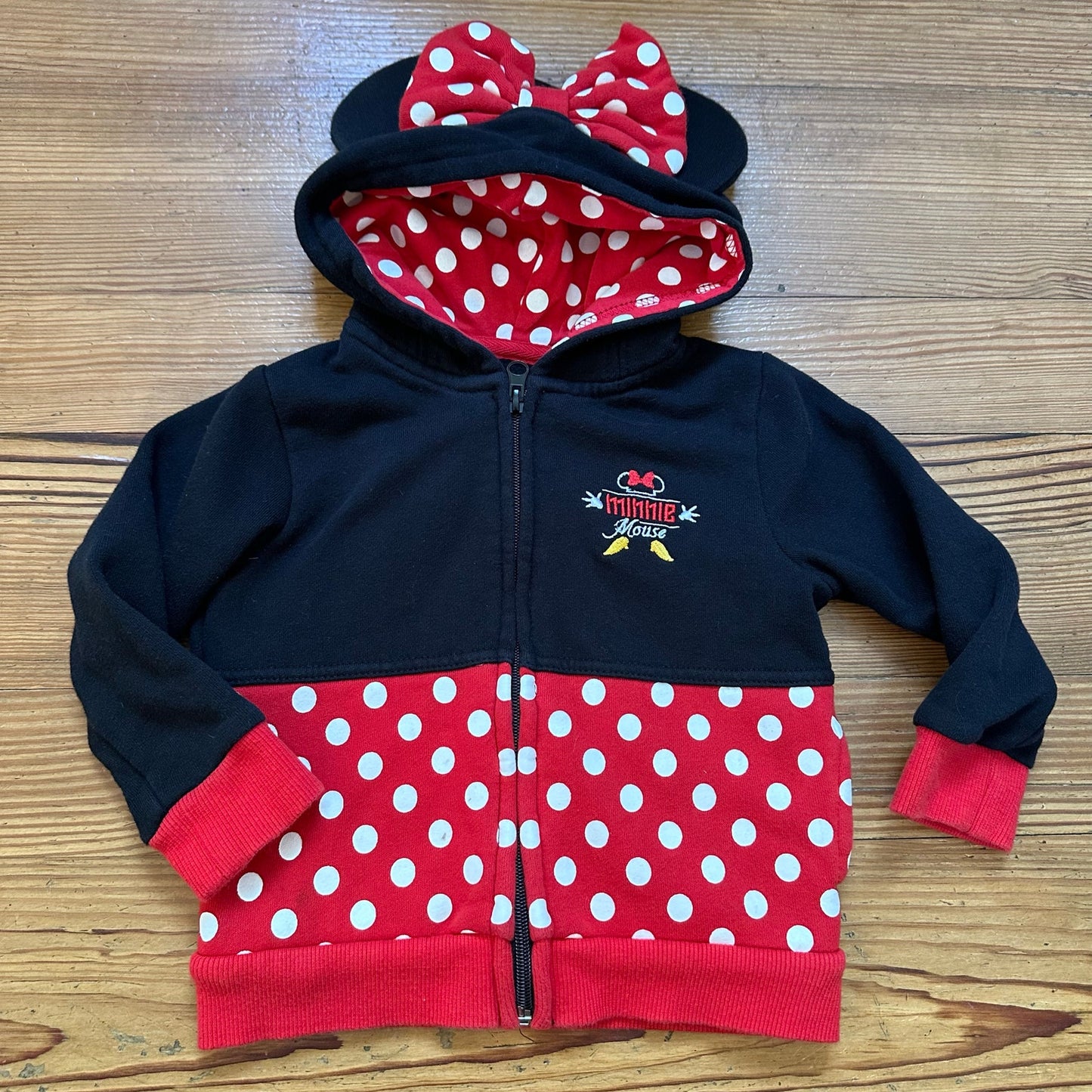 Disney Minnie Mouse black red full zip hooded with ears sweatshirt SIZE 2T
