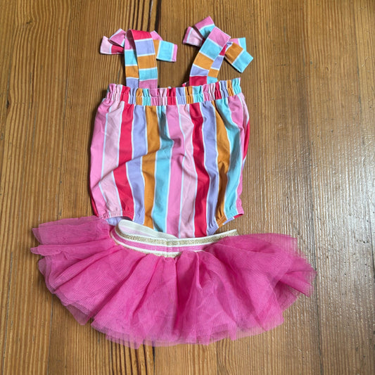Mud Pie pink striped bow one piece tutu swimsuit SIZE 12-18M