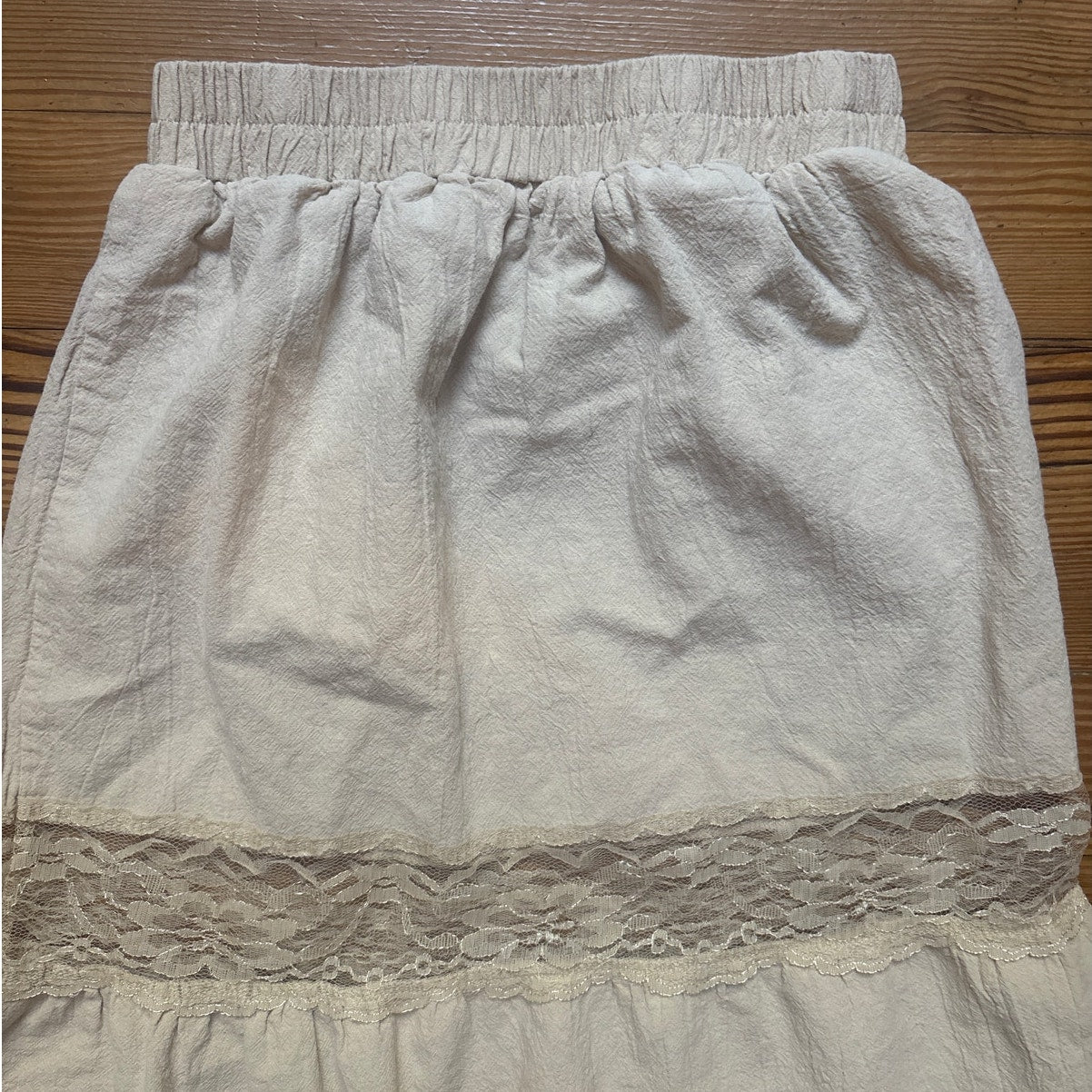 Shein beige boho tiered lace accent elastic waist midi skirt SIZE L