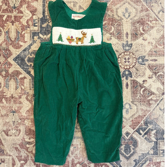 House of Hatten green corduroy Christmas tree smocked boys overalls SIZE 12M