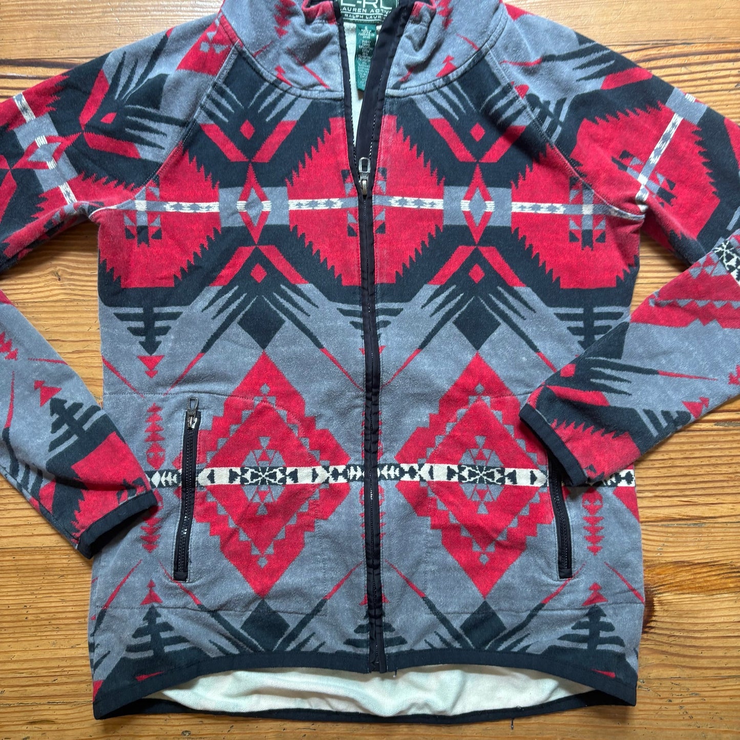 Ralph Lauren active gray red western print full zip hooded sweater SIZE S