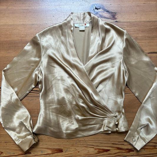 Peck & Peck gold silk long sleeve plunge neckline wrap top SIZE 4
