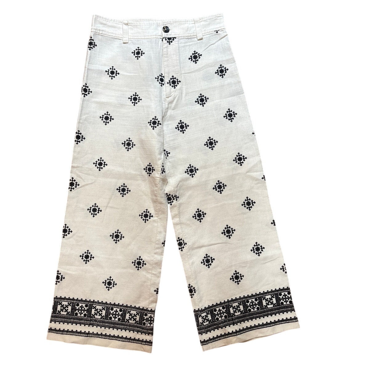 Zara linen blend white black embroidered wide leg cropped pants SIZE M