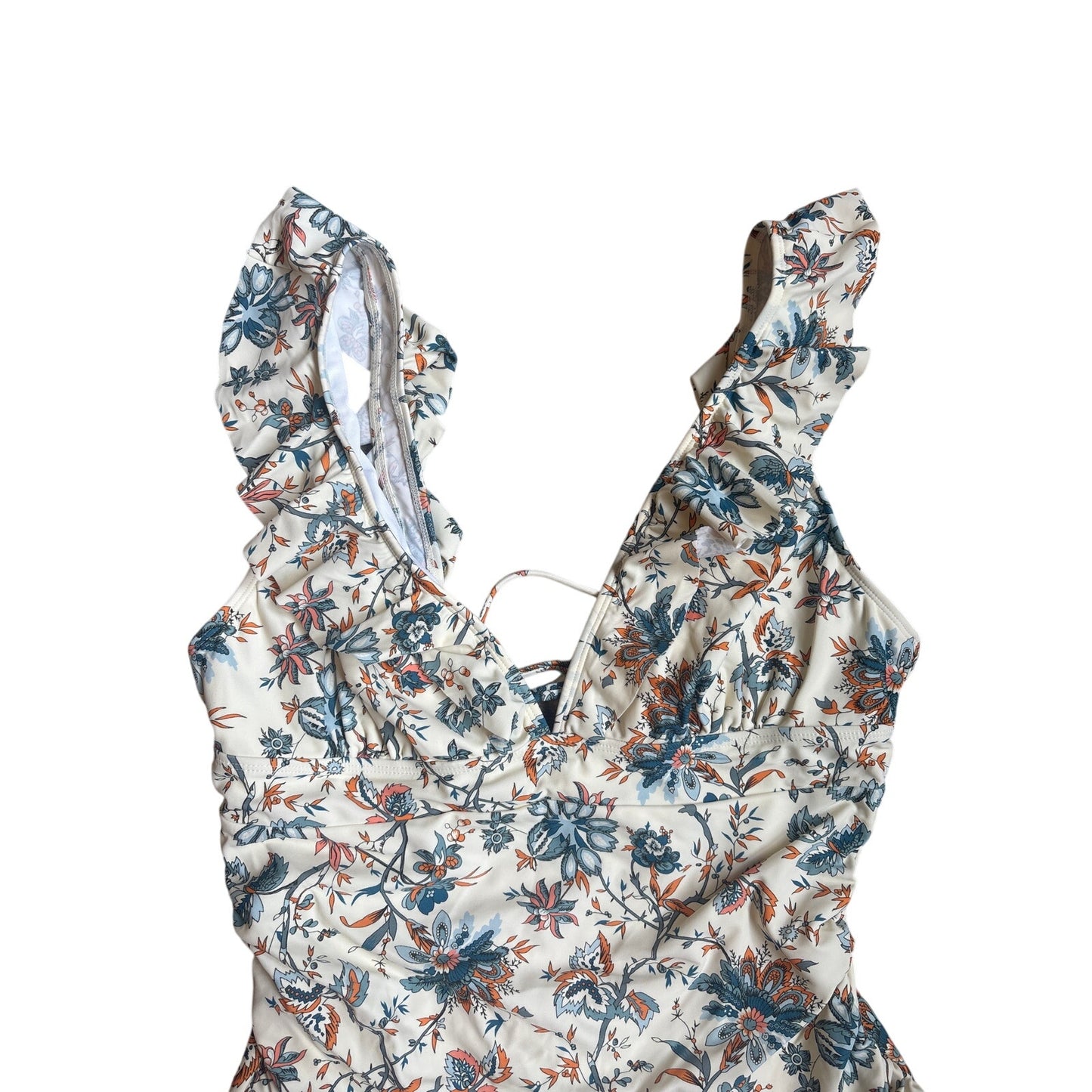 Cupshe beige blue floral plunge open back cheeky one piece swimsuit SIZE M