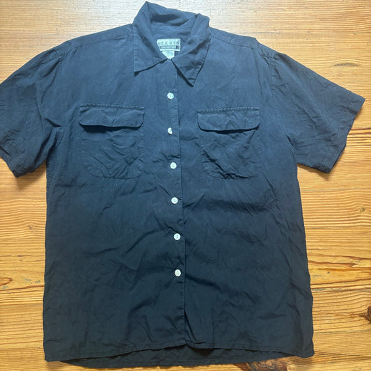 Silk Icon black short sleeve two pocket button up silk mens shirt SIZE S