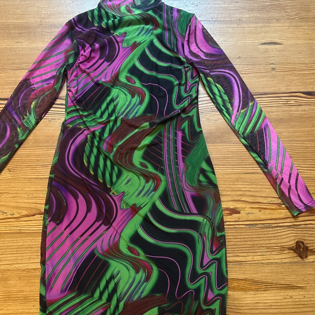 PrettyLittleThing abstract sheer long sleeve bodycon turtleneck dress SIZE 10