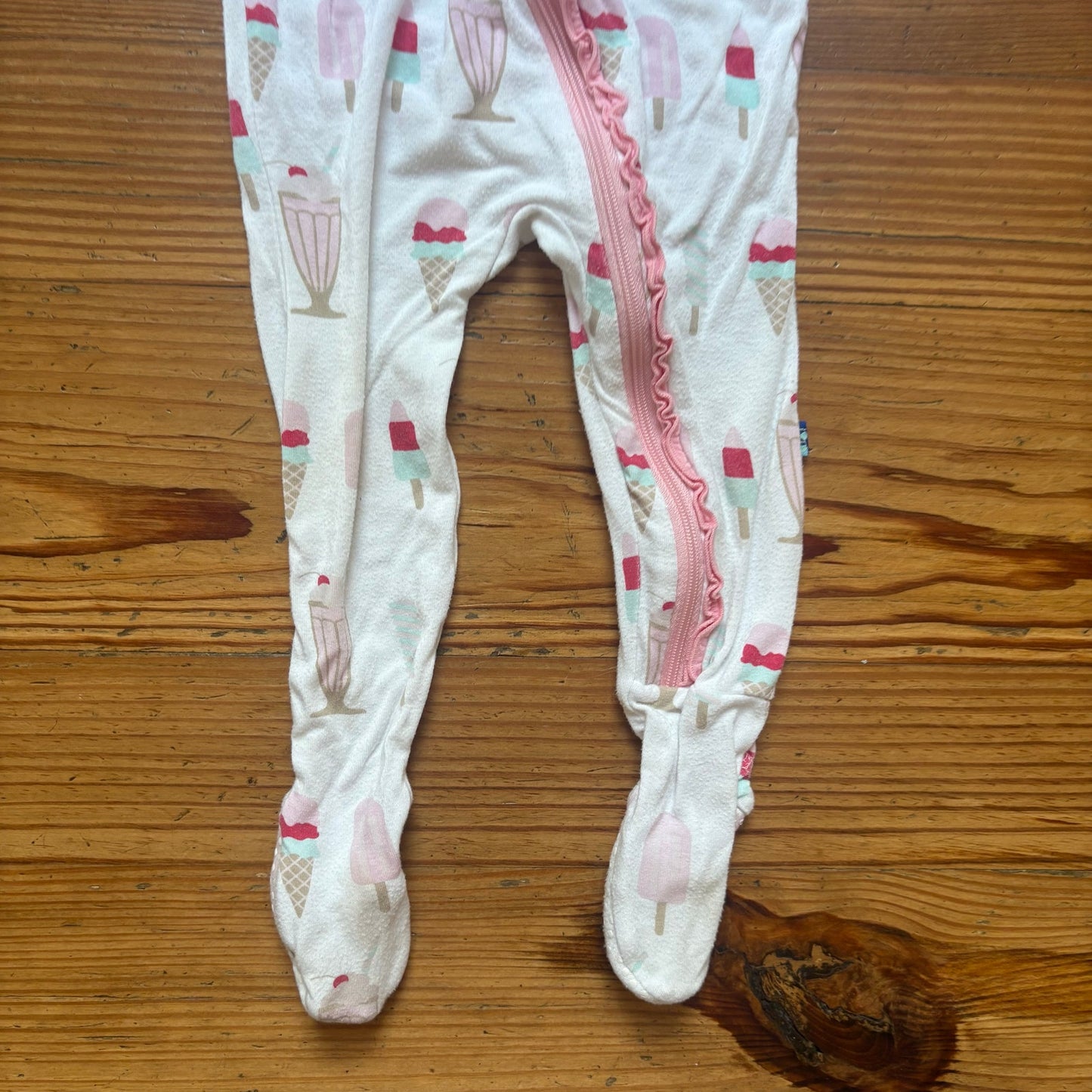 Kickee Pants white pink ice cream full zip bamboo bodysuit pajamas SIZE 6-9M