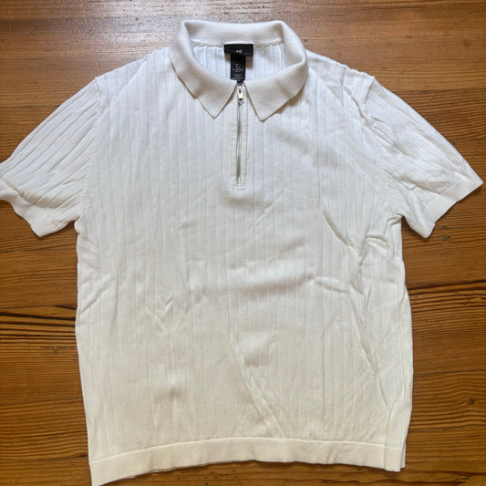 H&M white ribbed slim fit short sleeve half zip mens shirt SIZE L