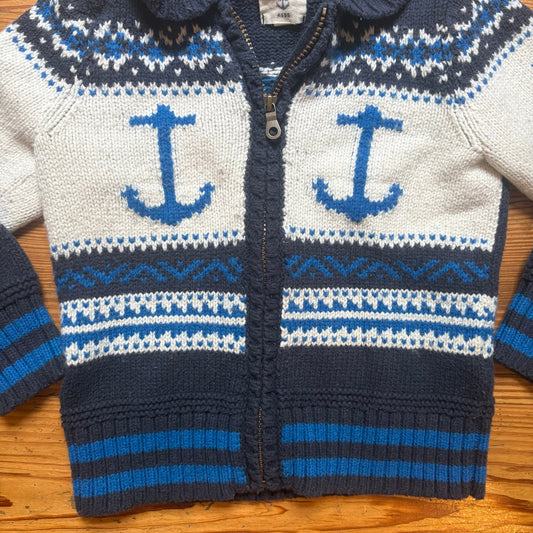Lands' End vintage blue white anchor wool blend full zip boys sweater SIZE M