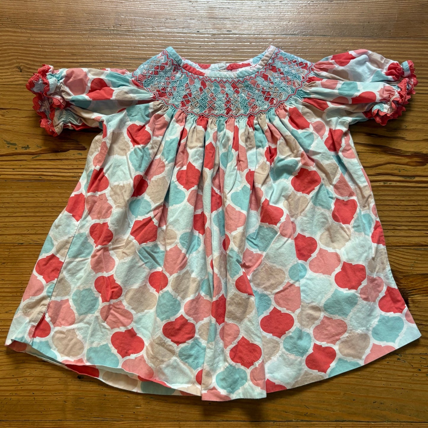 Pink blue cotton geometric smocked short ruffle sleeve girls shirt SIZE 4