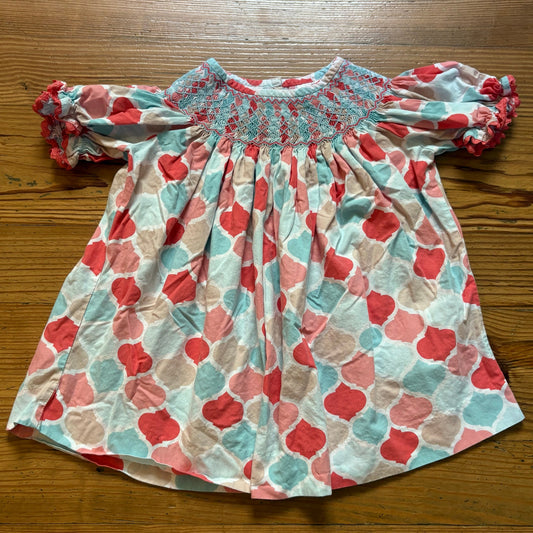 Pink blue cotton geometric smocked short ruffle sleeve girls shirt SIZE 4