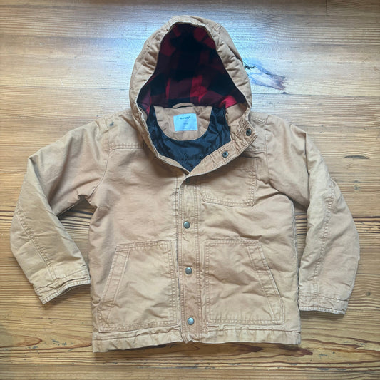 Carter’s beige canvas cargo buffalo plaid lined hooded boy coat SIZE L