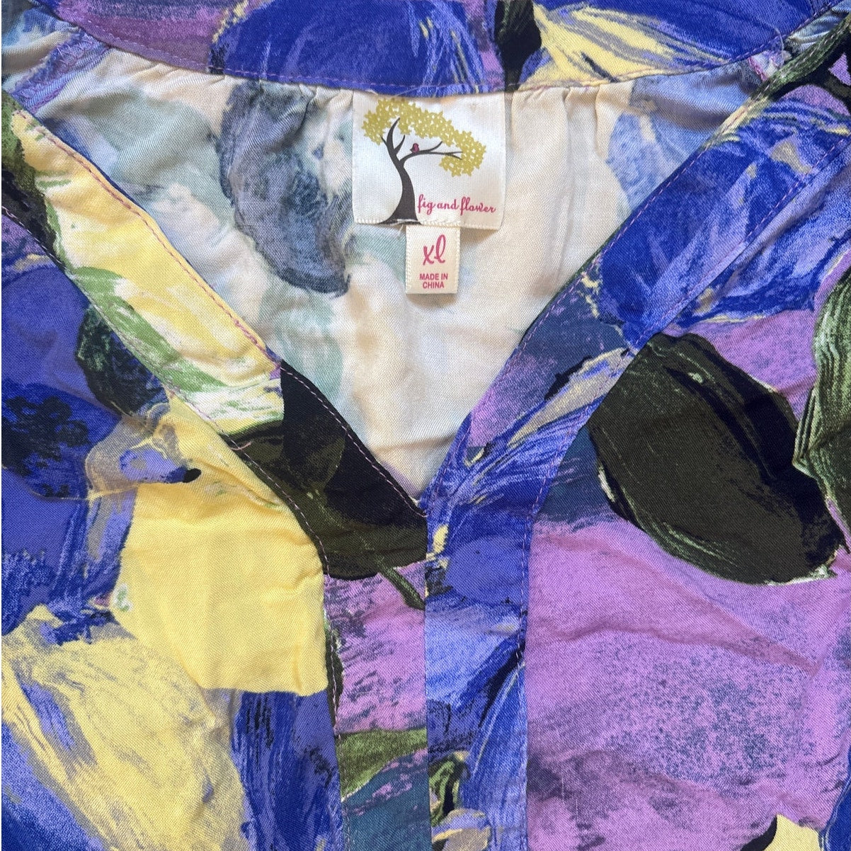 Fig & Flower purple floral ruffle quarter sleeve womens tunic blouse SIZE XL