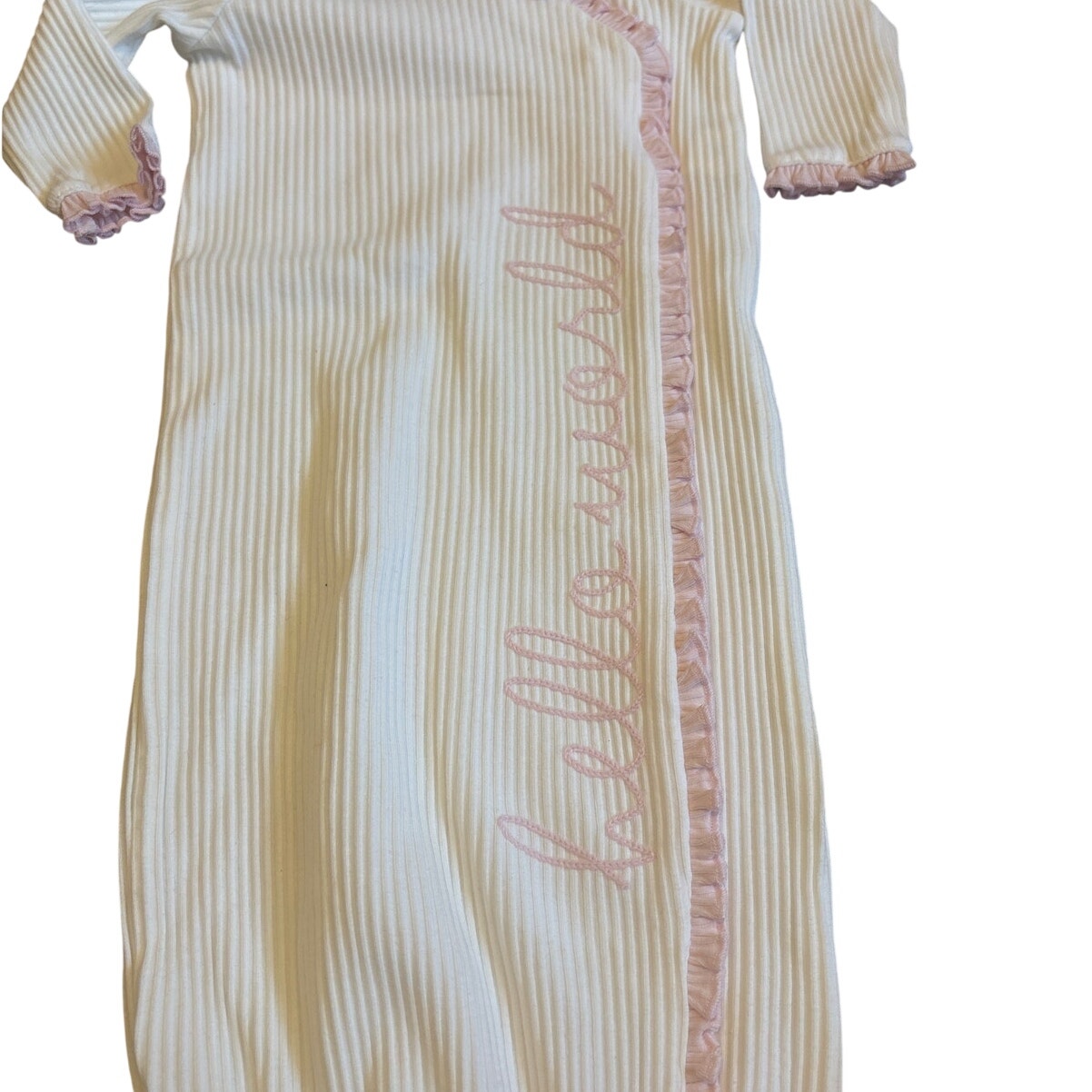 NWT Mudpie Baby white ribbed Hello World long sleeve bow sleep dress SIZE 0-3M